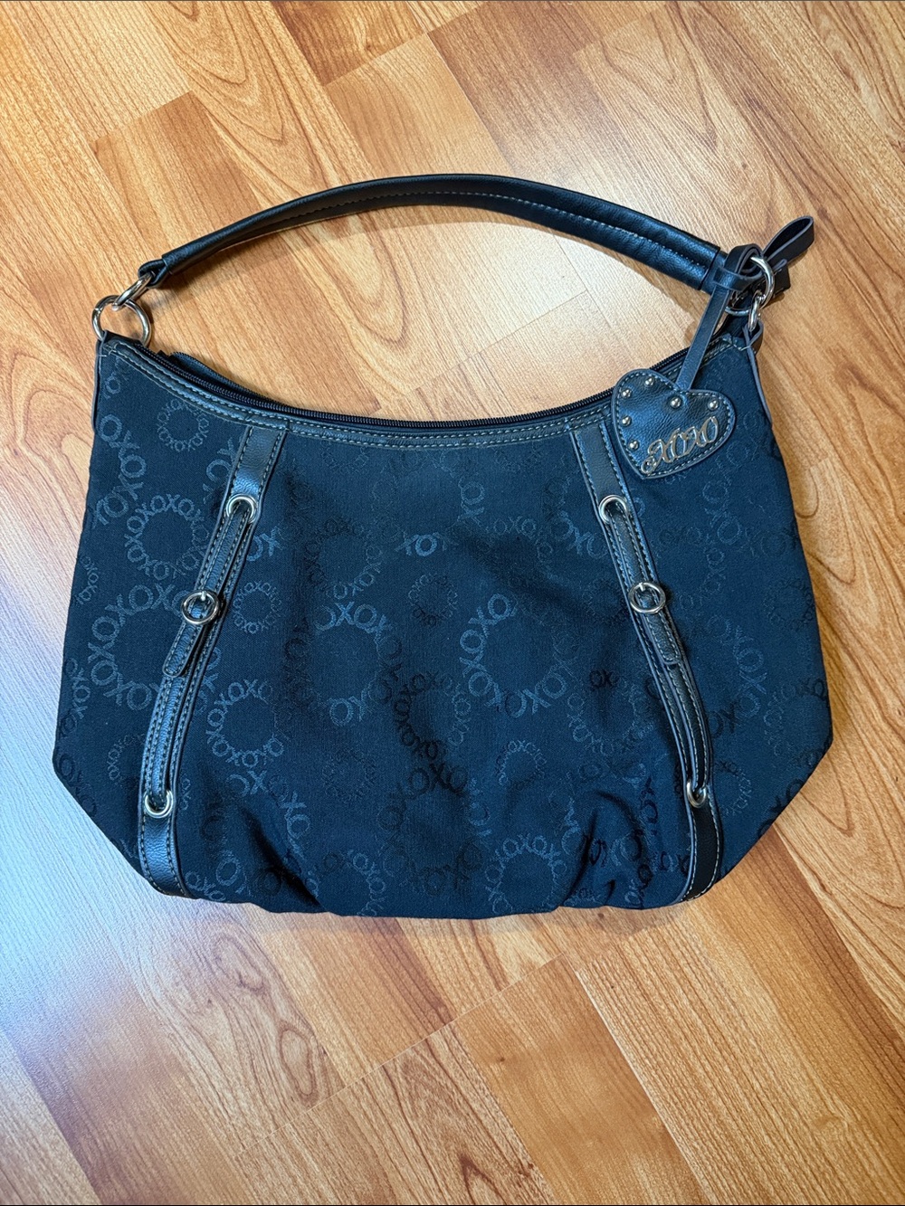 XOXO Black Monogram Hobo Shoulder Bag with Heart Charm